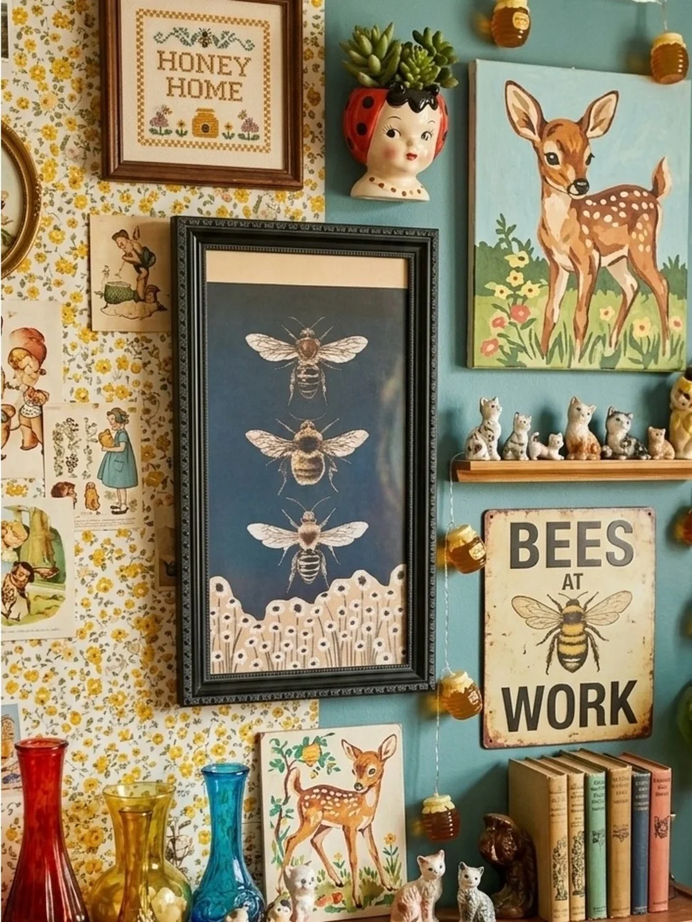 Bumble Bee Canvas Print Wall Art Black Framed Wildflowers Flowers Vintage Style